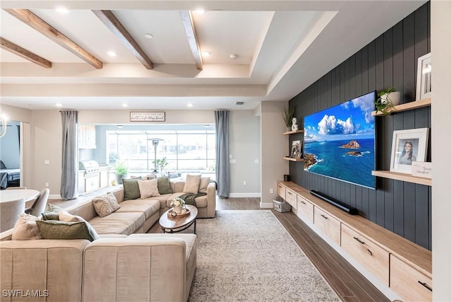 home theater room featuring dark wood-type flooring