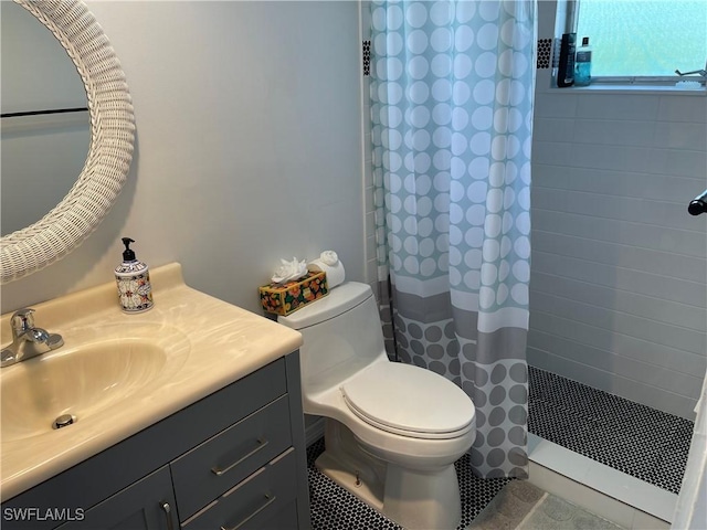 bathroom featuring curtained shower, toilet, vanity, and radiator heating unit