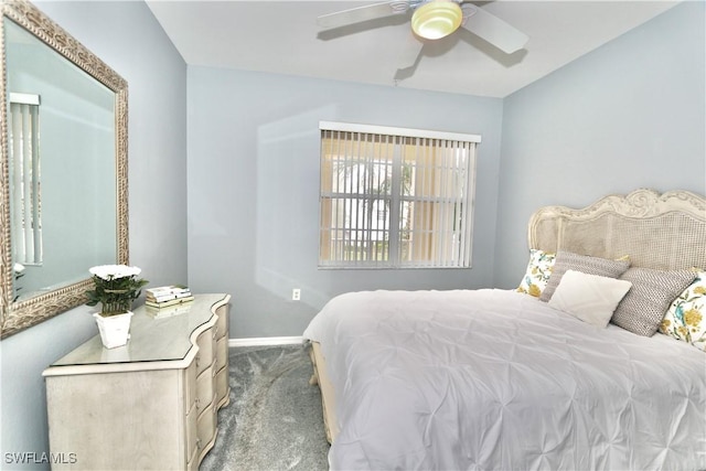 bedroom featuring carpet, baseboards, and ceiling fan