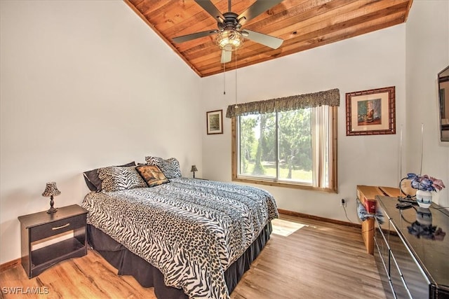 bedroom with light wood-type flooring, high vaulted ceiling, ceiling fan, and wooden ceiling