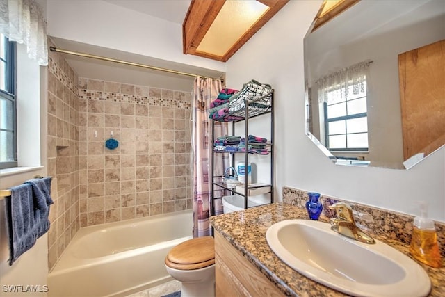 full bathroom featuring vanity, shower / bath combination with curtain, toilet, and beam ceiling