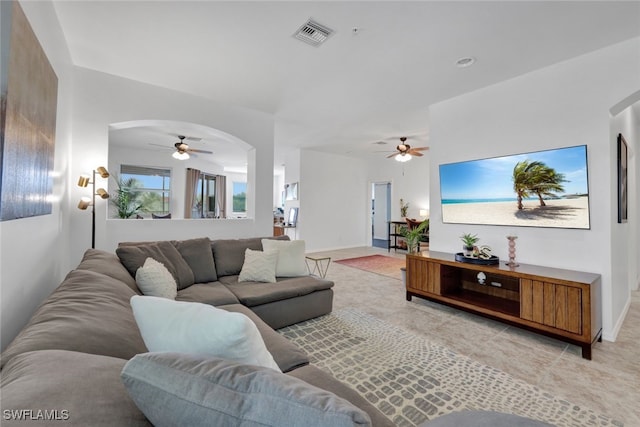 living room featuring ceiling fan