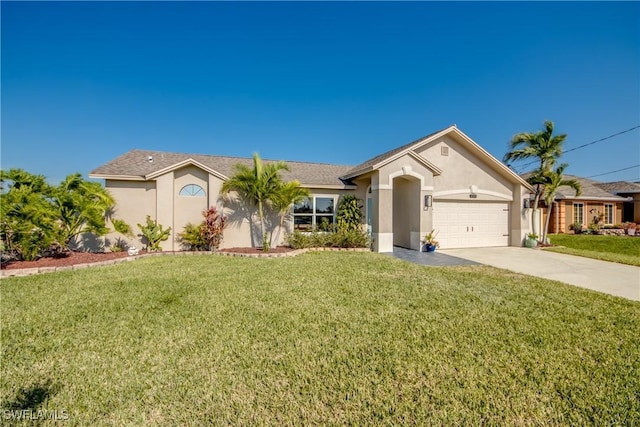 single story home featuring a front lawn and a garage