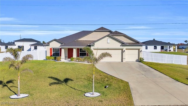 single story home featuring a front yard and a garage