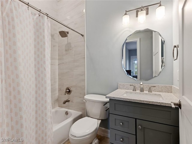 full bathroom with shower / bath combo with shower curtain, toilet, and vanity