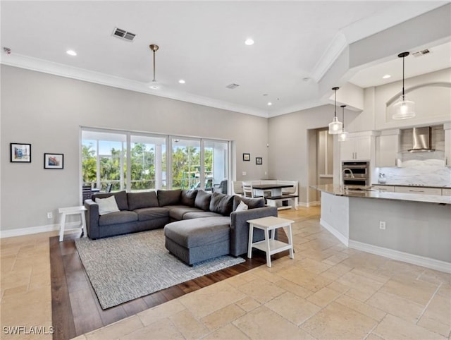 living room featuring ornamental molding