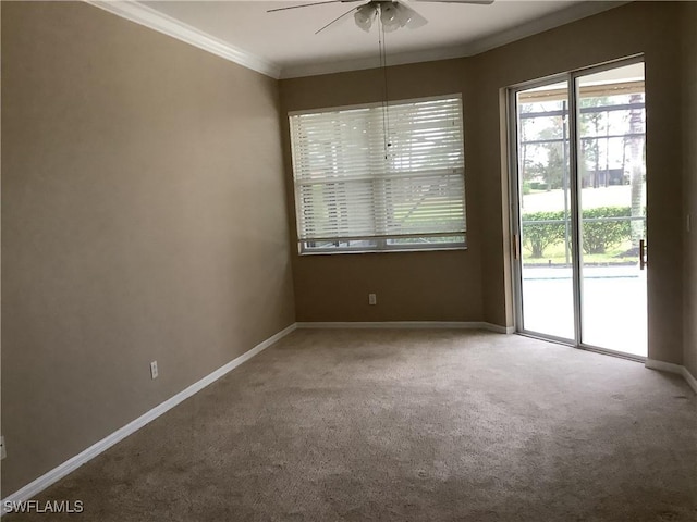 carpeted empty room featuring ceiling fan and crown molding