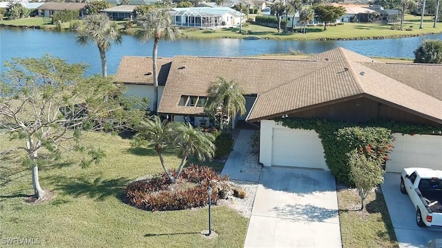 drone / aerial view featuring a water view