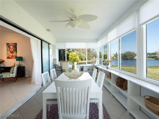 sunroom featuring ceiling fan and a water view