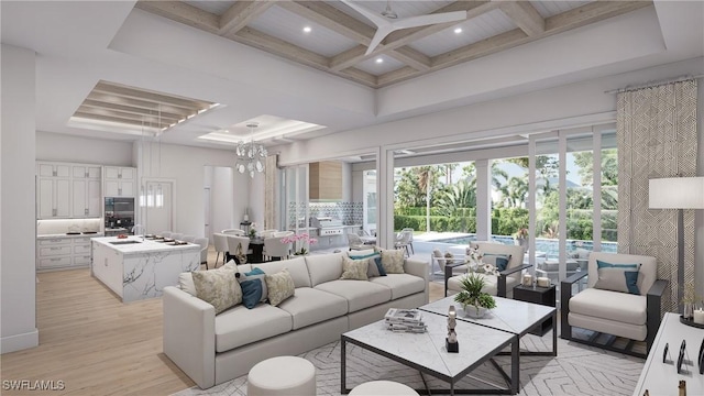 living room featuring beamed ceiling, light hardwood / wood-style floors, coffered ceiling, a high ceiling, and a chandelier