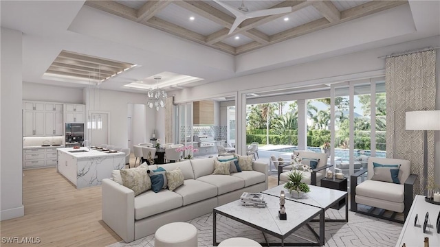 541 106th Ave N, Naples, FL 34108 - living area featuring coffered ceiling, beam ceiling, and light wood-style flooring