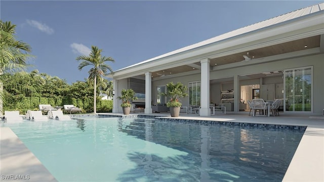 view of swimming pool with a patio area and ceiling fan