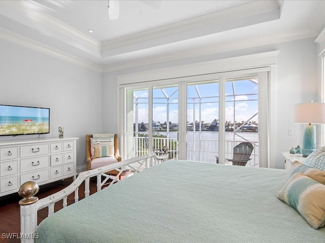 bedroom with a raised ceiling, dark wood-type flooring, access to exterior, and multiple windows