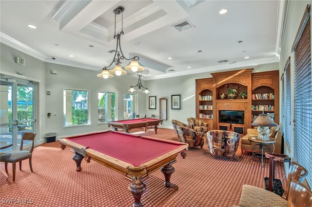 game room with a wealth of natural light, pool table, carpet floors, and ornamental molding