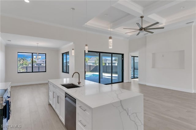 kitchen with stainless steel dishwasher, coffered ceiling, sink, pendant lighting, and an island with sink