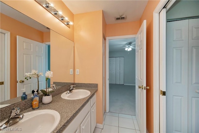 bathroom featuring vanity, tile patterned floors, and ceiling fan