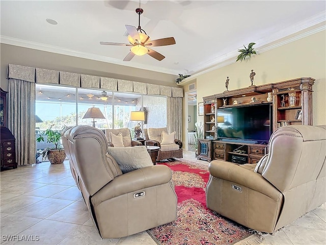 tiled living room with ornamental molding and ceiling fan