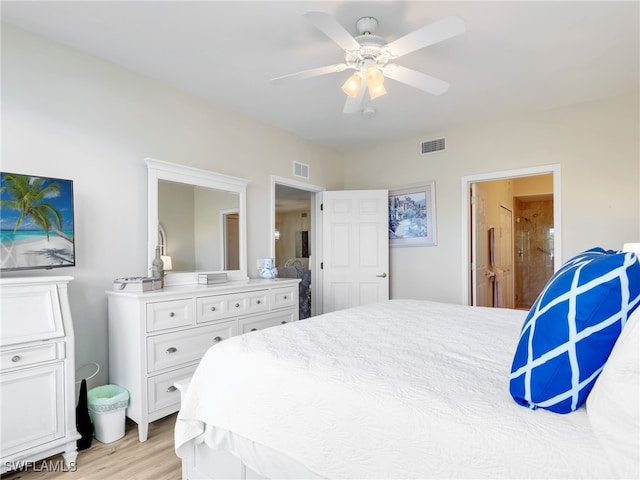 bedroom featuring ceiling fan and light hardwood / wood-style floors