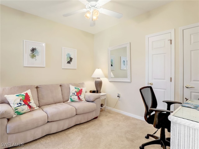 carpeted office with ceiling fan