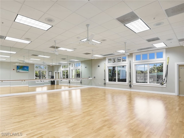 exercise room with a drop ceiling, ceiling fan, and light wood-type flooring