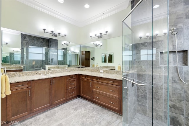 bathroom featuring walk in shower, vanity, and crown molding