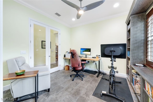 office area with ceiling fan, french doors, and crown molding