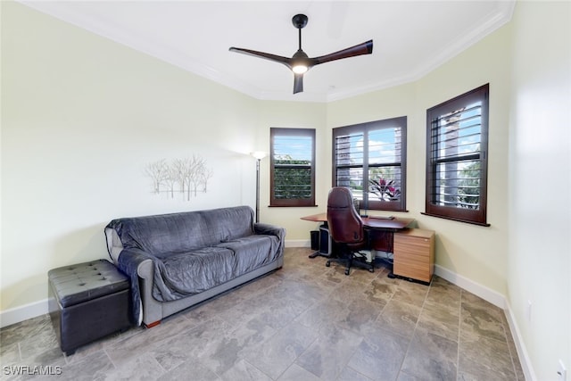 office with ceiling fan and crown molding