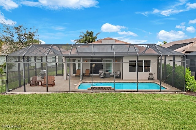 rear view of house with a lanai, a fenced in pool, a lawn, and a patio