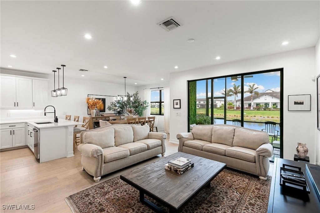 living room featuring a water view, sink, and light wood-type flooring