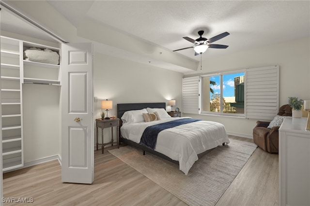 bedroom featuring ceiling fan and light hardwood / wood-style floors