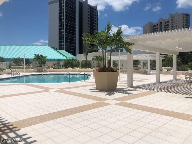 view of pool featuring a pergola and a patio