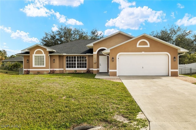 ranch-style house featuring a garage and a front yard