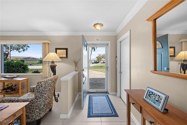 entryway featuring light tile patterned floors and ornamental molding