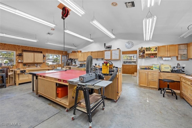 kitchen with wooden walls, a kitchen island, and a healthy amount of sunlight