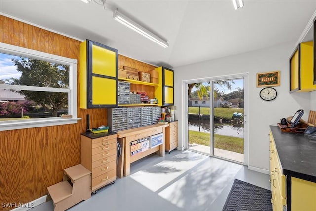 interior space with wooden walls