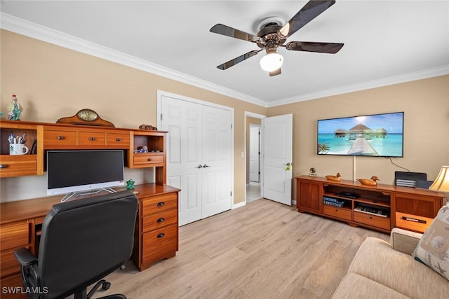 office featuring ceiling fan, light hardwood / wood-style floors, and crown molding