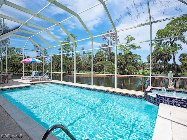 view of pool featuring a lanai, pool water feature, an in ground hot tub, a water view, and a patio