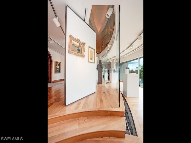 interior space featuring hardwood / wood-style floors and a towering ceiling