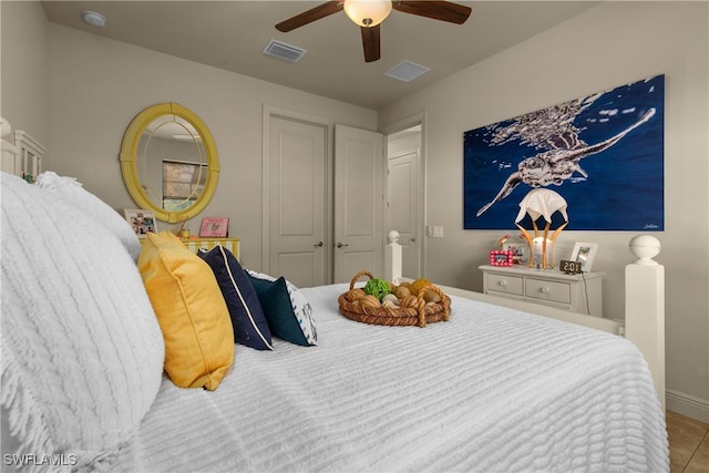 bedroom featuring ceiling fan and a closet