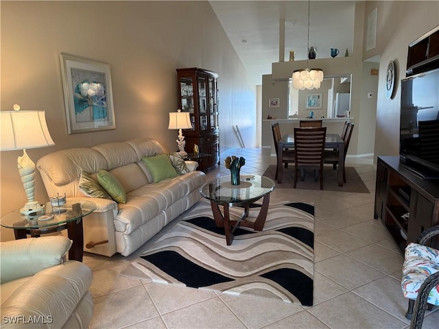 tiled living room with high vaulted ceiling