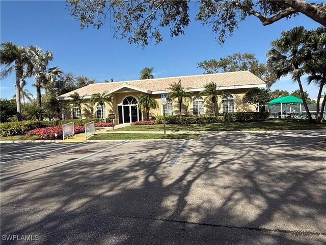 ranch-style home with stucco siding and a front lawn