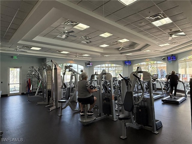 exercise room with ceiling fan, a drop ceiling, plenty of natural light, and a raised ceiling