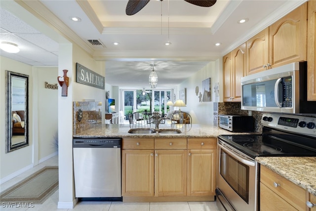 kitchen with decorative backsplash, sink, a tray ceiling, stainless steel appliances, and light stone counters