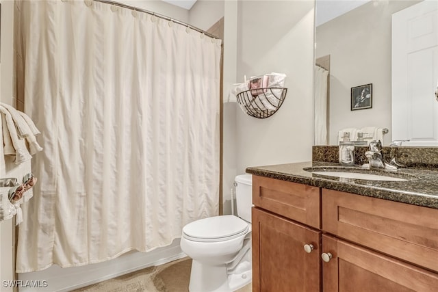 full bathroom featuring vanity, toilet, and shower / bathtub combination with curtain