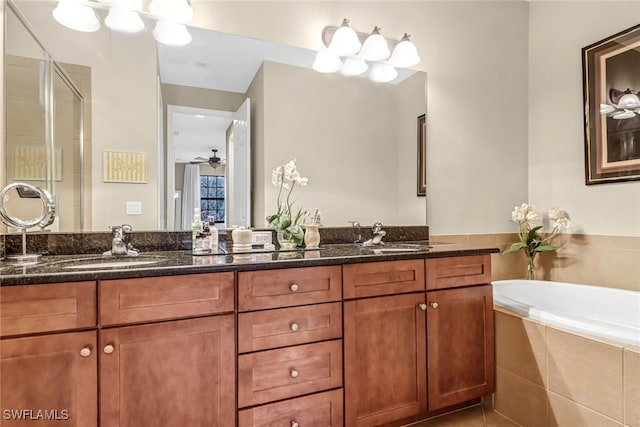 bathroom with vanity, ceiling fan, tile patterned floors, and separate shower and tub