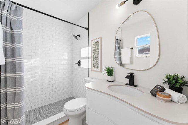 bathroom with a shower with curtain, toilet, and vanity