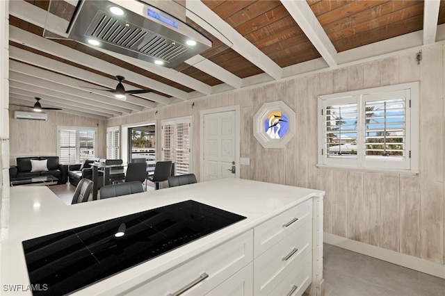 kitchen with white cabinetry, wooden walls, a wall mounted AC, and a wealth of natural light