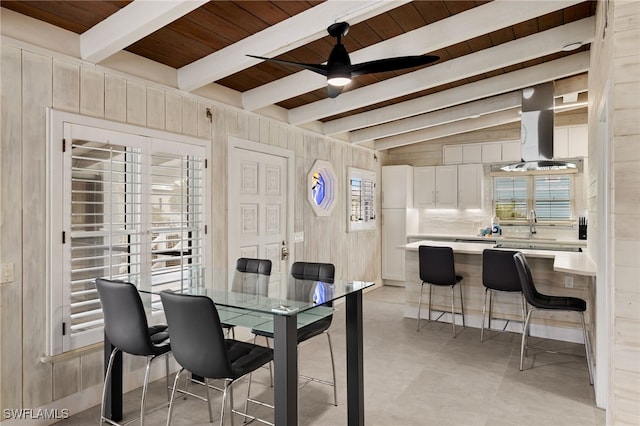 dining space featuring wood ceiling, lofted ceiling with beams, ceiling fan, and wood walls