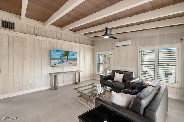 living room with a wall mounted AC, wooden ceiling, wooden walls, beamed ceiling, and ceiling fan