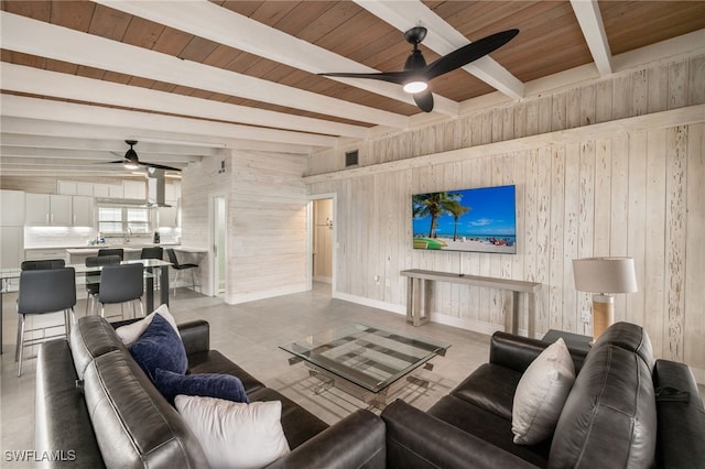 living room featuring ceiling fan, wood ceiling, beam ceiling, and wood walls